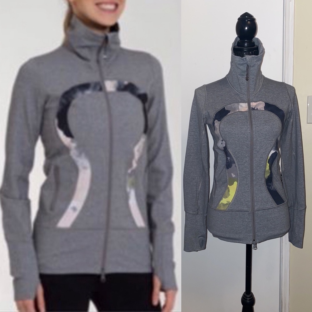 LULULEMON IN STRIDE JACKET HEATHERED GREY FULL ZIP HIGH NECK THUMBHOLES